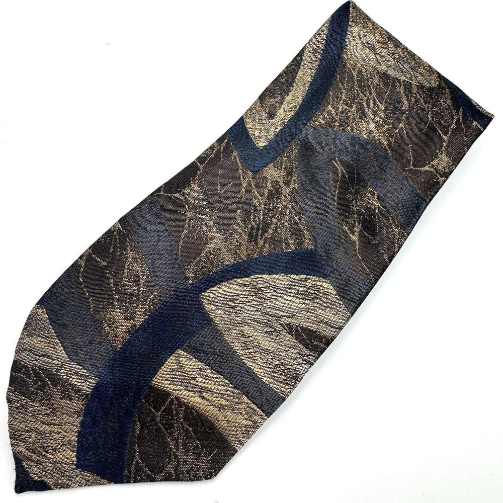 GIANNI‎ VERSACE Tie Navy Gray Silver Brown Geometric Pattern 100% Silk Japan